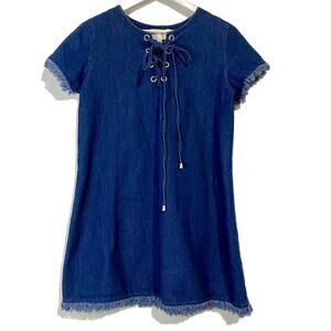 JOA Women's Lace-Up Neckline Fringe Mini Dress Blue Denim Size Small EUC